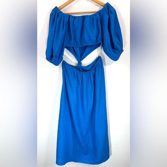 Farm Rio Linen Blend Midi Dress Blue Off-Shoulder Knot Cut-Out Women’s Small - Picture 8 of 16